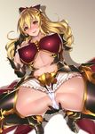  adapted_costume anus armor armored_boots ass blonde_hair blush boots bow breasts breasts_apart commentary_request covered_nipples from_above gloves gradient gradient_background granblue_fantasy hair_bow high_heel_boots high_heels huge_breasts long_hair lying navel on_back partially_visible_vulva shadow smile solo spread_ass spread_legs takeda_aranobu thigh_boots thighhighs vira_lilie yellow_eyes 