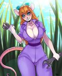  2017 anthro azelyn big_breasts blue_eyes blush breasts camel_toe chip_&#039;n_dale_rescue_rangers claws cleavage clothed clothing disney eyewear female gadget_hackwrench goggles grass looking_at_viewer mammal mouse nipple_bulge rodent solo suit tools wrench 