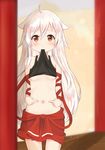  absurdres ahoge belly blurry blush breasts brown_eyes chiya_(urara_meirochou) depth_of_field hair_between_eyes highres lifted_by_self long_hair looking_at_viewer mouth_hold navel no_bra nyatrix pointing shirt_lift silver_hair skirt small_breasts solo spread_navel tank_top tears underboob urara_meirochou very_long_hair 
