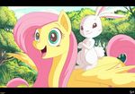  2017 angel_(mlp) cloud detailed_background duo equine female feral fluttershy_(mlp) forest friendship_is_magic fur grass green_eyes hair horse jowybean lagomorph mammal my_little_pony nature outside pegasus pink_hair pony rabbit riding sky smile spread_wings tree white_fur wings yellow_fur 