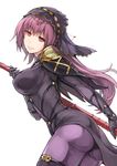  ass bodysuit breasts covered_navel fate/grand_order fate_(series) gae_bolg large_breasts long_hair looking_at_viewer pauldrons polearm purple_bodysuit purple_hair red_eyes scathach_(fate)_(all) scathach_(fate/grand_order) simple_background smile solo spear veil weapon white_background yuugiri 