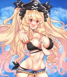  :d anne_bonny_(fate/grand_order) anne_bonny_(swimsuit_archer)_(fate) belt bikini black_bikini blue_sky blush cloud day fate/grand_order fate_(series) hat highres index_finger_raised koi_dance long_hair looking_at_viewer navel open_mouth pirate_hat red_eyes shorts sky smile solo swimsuit teeth twintails untsue very_long_hair 