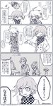  4koma ahoge bear car checkered checkered_scarf comic danganronpa danganronpa_3 gag_manga_biyori greyscale ground_vehicle highres honzumaru keebo male_focus monochrome monokuma motor_vehicle multiple_boys new_danganronpa_v3 ouma_kokichi police_car power_armor sakakura_juuzou santa_costume scarf straitjacket translation_request twitter_username 