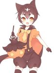  black_gloves brown_hair cape fang gen_6_pokemon gloves kuro_guren looking_at_viewer moemon open_mouth orange_eyes overalls personification pokemon pumpkaboo solo standing transparent_background 