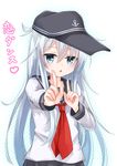  :o aqua_eyes aqua_hair black_legwear blush flat_cap hat hibiki_(kantai_collection) index_finger_raised kantai_collection koi_dance long_hair long_sleeves looking_at_viewer neckerchief sailor_collar school_uniform serafuku siroyuki solo translated upper_body 