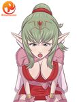  1girl artist_name breasts cape chiki chiki_(fire_emblem) cleavage dress female fire_emblem fire_emblem:_kakusei green_hair grey_eyes hair_ornament large_breasts long_hair looking_at_viewer open_mouth patreon pointy_ears ponytail red_dress reit shiny shiny_hair shiny_skin sitting solo spread_legs web_address white_background 