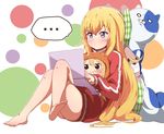 2girls barefoot blonde_hair brown_eyes brown_hair commentary_request company_connection computer crossed_legs crossover doma_umaru douga_koubou food gabriel_dropout hair_ornament himouto!_umaru-chan jacket kei_(0497) komaru laptop long_hair long_sleeves multiple_girls naked_track_jacket spoken_ellipsis tenma_gabriel_white track_jacket trait_connection very_long_hair 