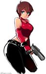  alternate_costume belt brown_hair casual choker crop_top cropped_legs d-ryuu elbow_gloves gloves green_eyes gun handgun pants pistol rebecca_chambers red_gloves resident_evil resident_evil_0 short_hair sketch solo very_short_hair weapon 