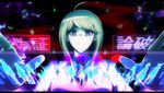 aderu ahoge akamatsu_kaede beamed_sixteenth_notes blonde_hair danganronpa eighth_note holographic_interface letterboxed long_hair looking_down musical_note musical_note_hair_ornament necktie new_danganronpa_v3 purple_eyes sharp_sign sixteenth_note solo sweat sweater_vest upper_body 