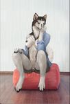  anthro bottomless breasts canine clothed clothing cosmiclife female looking_at_viewer mammal pinup pose raised_tail simple_background sitting solo spread_legs spreading 