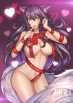  ahri animal_ears bangs black_hair breasts commentary cowboy_shot finger_to_mouth fox_ears fox_tail hair_between_eyes heart large_breasts league_of_legends long_hair looking_at_viewer naked_ribbon navel negister red_ribbon ribbon seductive_smile sidelocks smile solo stomach tail watermark wavy_hair web_address whisker_markings yellow_eyes 