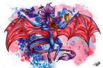  2012 anthro claws dragon gift hair holding_object membranous_wings natoli purple_hair simple_background smile solo traditional_media_(artwork) watermark wings 