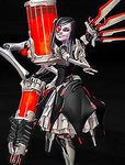  1girl 3d alien animated battleborn beatrix_(battleborn) big_mouth black_hair creepy cyborg dress fangs hand_over_mouth laughing lolita_fashion long_hair mechanical_arm mechanical_eye mechanical_legs small_breasts smile solo what wing 