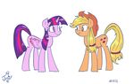  2016 animated applejack_(mlp) blonde_hair changeling cowboy_hat duo earth_pony equine feathered_wings feathers female feral friendship_is_magic fur green_eyes hair hat horn horse jowybean mammal multicolored_hair my_little_pony orange_fur pony purple_eyes purple_feathers purple_fur simple_background twilight_sparkle_(mlp) white_background winged_unicorn wings 