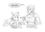  2017 age_difference anthro big_breasts braided_hair breasts clothed clothing dialogue digital_media_(artwork) dragon duo eating english_text female food hair humor kangaroo lonewolf_(343) male male/female mammal marsupial mature_female monochrome muscular muscular_female reptile scalie shota simple_background size_difference teenager text young young_boy 