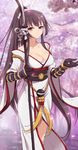  alternate_costume breasts brown_hair cherry_blossoms cleavage collarbone gauntlets highres japanese_clothes kantai_collection kisetsu large_breasts long_hair naginata petals polearm ponytail sarashi smile solo very_long_hair weapon yamato_(kantai_collection) 