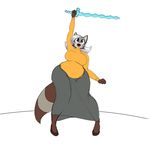  anthro big_breasts blue_eyes breasts female grey_hair hair keijimatsu lindsey_ranger_(teckworks) mammal melee_weapon minecraft open_mouth raccoon slightly_chubby solo sword video_games weapon wide_hips 