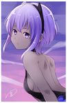  backless_outfit bad_id bad_twitter_id bangs bare_arms bare_back bare_shoulders breasts closed_mouth dark_skin expressionless fate/prototype fate/prototype:_fragments_of_blue_and_silver fate_(series) hassan_of_serenity_(fate) headband leaning_forward looking_at_viewer looking_back purple_eyes purple_hair short_hair sideboob signature small_breasts solo upper_body yukichi_(eikichi) 