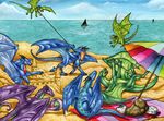  2012 beach day detailed_background dragon feral flying group lying membranous_wings natoli outside seaside sky spines standing traditional_media_(artwork) water watermark wings 