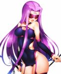  :&lt; arm_warmers bare_shoulders black_legwear blindfold blurry blush boots boruhis breasts chain choker cleavage cleavage_cutout collarbone contrapposto covered_navel cowboy_shot dual_wielding eyebrows_visible_through_hair facial_mark fate/grand_order fate/stay_night fate_(series) forehead_mark garter_straps glasses groin head_tilt holding holding_weapon long_hair medium_breasts nameless_dagger open_mouth purple_hair rider shiny shiny_skin simple_background skin_tight sleeveless solo spikes standing strapless tareme thigh_boots thighhighs very_long_hair weapon white_background 