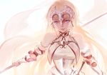  3four armor armored_corset blonde_hair blue_eyes chain collar cowter fate/apocrypha fate/grand_order fate_(series) from_above gauntlets gorget headpiece holding jeanne_d'arc_(fate) jeanne_d'arc_(fate)_(all) lips long_hair looking_at_viewer smile solo standard_bearer upper_body 