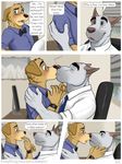  2017 5_fingers age_difference anthro blue_eyes blush bow_tie brown_fur brown_nose bull_terrier canine clothed clothing comic dog eyes_closed eyewear fully_clothed fur glasses grey_eyes grey_fur hand_on_shoulder hi_res humanoid_hands jackaloo kissing male mammal middle_finger necktie on_lap open_mouth pants shocked simple_background sitting sitting_on_lap speech_bubble suit tan_fur texting tongue wide_eyed window 
