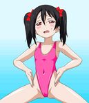  black_hair blue_background blush gradient_background haigure love_live!_school_idol_project lowres one-piece pink_swimsuit reonnharuto shiny_skin sweat swimsuit twintails yazawa_nico 