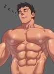  1boy abs bara black_hair eyes_closed facial_hair inmomakuro male_focus muscle nipples open_mouth pecs sleeping solo teeth topless 