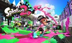  baseball_cap commentary copyright_name day fangs green_hair gun hat highres ink inkling lens_flare official_art open_mouth pink_hair sandals splat_dualies_(splatoon) splatoon_(series) splatoon_2 squid weapon 