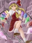  arms_at_sides ascot bangs blonde_hair brown_footwear chain closed_mouth commentary_request crystal flandre_scarlet flying frilled_ribbon frilled_shirt_collar frilled_skirt frills hat hat_ribbon highres looking_at_viewer mob_cap netamaru red_eyes red_ribbon red_skirt red_vest ribbon shoes short_sleeves side_ponytail skirt skirt_set smile socks solo touhou vest white_legwear wings wrist_cuffs 