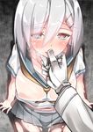  areolae black_legwear blush breasts covered_nipples eyes_visible_through_hair from_above gloves hair_ornament hair_over_one_eye hairclip half-closed_eyes hamakaze_(kantai_collection) hand_on_another's_chin heart heart-shaped_pupils heavy_breathing kantai_collection large_breasts lips looking_at_viewer neckerchief no_bra out_of_frame pantyhose pleated_skirt pov pov_hands school_uniform see-through serafuku shayo short_hair silver_hair skirt solo_focus symbol-shaped_pupils torn_clothes torn_legwear white_gloves 