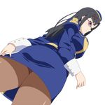  ass black_hair dutch_angle from_below glasses kono_subarashii_sekai_ni_shukufuku_wo! long_hair pantyhose ribonzu sena_(konosuba) simple_background solo uniform white_background 