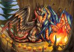  2013 brown_hair claws detailed_background dragon duo feathered_dragon feathered_wings feathers female feral fire hair horn membranous_wings natoli night nude outside sitting smile traditional_media_(artwork) wings 