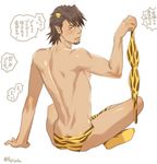 1boy blush horns kaburagi_t_kotetsu looking_at_viewer male_focus muscle sitting tiger_&amp;_bunny undressing 