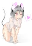  absurdres all_fours animal_ears bangs blush bottomless brown_eyes closed_mouth commentary_request dress_shirt full_body grey_hair hair_between_eyes heart highres kneeling looking_at_viewer mouse_ears mouse_tail nazrin netamaru shirt short_hair smile solo spoken_heart tail touhou v_arms white_background white_shirt 