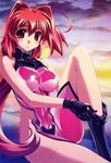 absurdres ahoge bare_shoulders blush bodysuit bodysuit_pull bou bow breasts closed_mouth cloud covered_navel gloves hair_bow hair_intakes highres kagami_sumika knee_up large_breasts long_hair looking_at_viewer low_ponytail muvluv muvluv_alternative official_art outdoors pilot_suit pink_bodysuit ponytail red_eyes red_hair scan shiny shiny_clothes shiny_hair sitting skin_tight sky sleeveless smile solo sunset tattoo undressing very_long_hair 