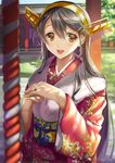  black_hair brown_eyes fur_trim hair_ornament hairband hairclip haruna_(kantai_collection) headgear highres japanese_clothes jewelry kantai_collection long_hair looking_at_viewer md5_mismatch new_year open_mouth ring rope sage_joh shinto smile solo wedding_band 
