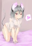  absurdres all_fours animal_ears bangs blush bottomless brown_eyes closed_mouth commentary_request dress_shirt full_body grey_hair hair_between_eyes heart highres kneeling looking_at_viewer mouse_ears mouse_tail nazrin netamaru on_bed shirt short_hair smile solo spoken_heart tail touhou v_arms white_shirt 