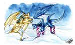  2012 claws dragon duo feral horn membranous_wings natoli smile snow standing traditional_media_(artwork) watermark wings 