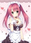  1girl apron bare_shoulders blush breasts brown_choker brown_dress chocolate chocolate_heart choker closed_mouth commentary_request diagonal-striped_background diagonal_stripes dress frilled_apron frills gloves grey_hair heart lace_border long_hair maid maid_headdress medium_breasts original pimopi pink_background red_hair sleeveless sleeveless_dress smile solo sparkle striped striped_background twintails valentine waist_apron white_apron white_gloves 