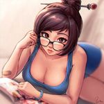  adjusting_eyewear bandaid black-framed_eyewear book bracelet breasts brown_eyes brown_hair chromatic_aberration cleavage glasses hair_bun hair_ornament hairpin jewelry large_breasts looking_at_viewer lying mei_(overwatch) on_stomach overwatch parted_lips reading signature solo umigraphics 