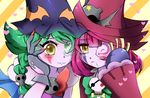  2girls abyss_actor_leading_lady abyss_actor_twinkle_littlestar blush body_markings bow demon demon_girl duel_monster facial_tattoo green_eyebrows green_hair green_ribbon hat heart looking_at_viewer multiple_girls one_eye pink_eyebrows pink_hair pink_hat purple_hat red_ribbon ribbon single_eye skull tattoo yellow_eyes yu-gi-oh! yuu-gi-ou_duel_monsters 