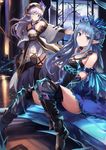  bangs bare_shoulders black_legwear blue_eyes blue_hair blunt_bangs blurry breasts castle crystal depth_of_field detached_sleeves dress erin_(granblue_fantasy) eruthika eyebrows_visible_through_hair granblue_fantasy hair_ornament highres indoors lavender_hair lily_(granblue_fantasy) long_hair looking_at_viewer multiple_girls one_eye_closed outstretched_arm pointy_ears short_dress sidelocks sitting small_breasts smile staff standing standing_on_one_leg thighhighs thighs white_dress wide_sleeves worried 