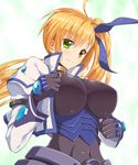  armor blonde_hair blush bodysuit breasts covered_navel cropped_jacket gem green_background green_eyes hair_ribbon heterochromia highres huge_breasts impossible_clothes jacket juliet_sleeves long_hair long_sleeves looking_at_viewer lyrical_nanoha mahou_shoujo_lyrical_nanoha_vivid puffy_sleeves red_eyes ribbon shinki_(shinki59) shiny shiny_clothes shiny_hair side_ponytail smile solo vivio 