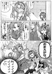  2girls :3 :d ahoge bike_shorts bike_shorts_pull comic commentary_request gloves greyscale hairband highres kagerou_(kantai_collection) kantai_collection long_hair monochrome multiple_girls munmu-san open_mouth pleated_skirt school_uniform serafuku shiratsuyu_(kantai_collection) short_hair skirt smile sweat thought_bubble translated twintails 