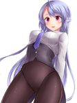  ahoge arms_behind_back braid breasts commentary corset from_below highres long_hair long_sleeves medium_breasts necktie neit_ni_sei no_pants open_mouth original panties pantyhose pantyshot pantyshot_(standing) purple_eyes purple_hair shirt sidelocks smile solo standing underwear white_background white_shirt 