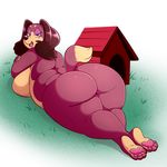  2017 anthro big_breasts big_butt blue_eyes breasts butt canine dog doghouse fangs female fur grass hair half-closed_eyes lonbluewolf looking_at_viewer looking_back lying mammal on_front open_mouth overweight overweight_female pawpads solo teeth thick_thighs tongue 