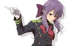  bow gloves haine hair_bow highres hiiragi_shinoa long_hair military military_uniform owari_no_seraph purple_bow purple_hair simple_background solo uniform white_background white_gloves 