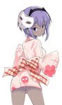  ass black_skin contrapposto cowboy_shot fate/prototype fate/prototype:_fragments_of_blue_and_silver fate_(series) from_behind hairband hassan_of_serenity_(fate) itamochi japanese_clothes kimono looking_back mask mask_on_head obi purple_eyes purple_hair sash short_hair short_kimono short_yukata simple_background smile solo standing white_background yukata 