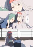  brown_eyes closed_eyes futon green_hair headband japanese_clothes kantai_collection kisetsu long_hair lying multiple_girls shoukaku_(kantai_collection) translated twintails white_hair zuikaku_(kantai_collection) 